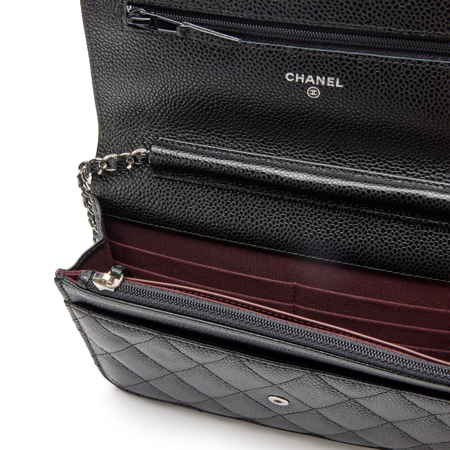 Black wallet with chain and silver logo