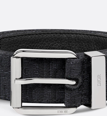Men's black Oblique jacquard and black grained calfskin belt 35 mm