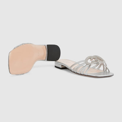 Women's slider sandal with GG criss-cross and crystal-embellished silver leather