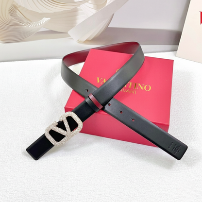 Reversible VLogo Signature belt in black glossy calfskin with crystals