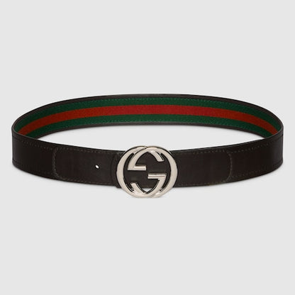 Men's reversible belt with green/red and brown Interlocking G buckle