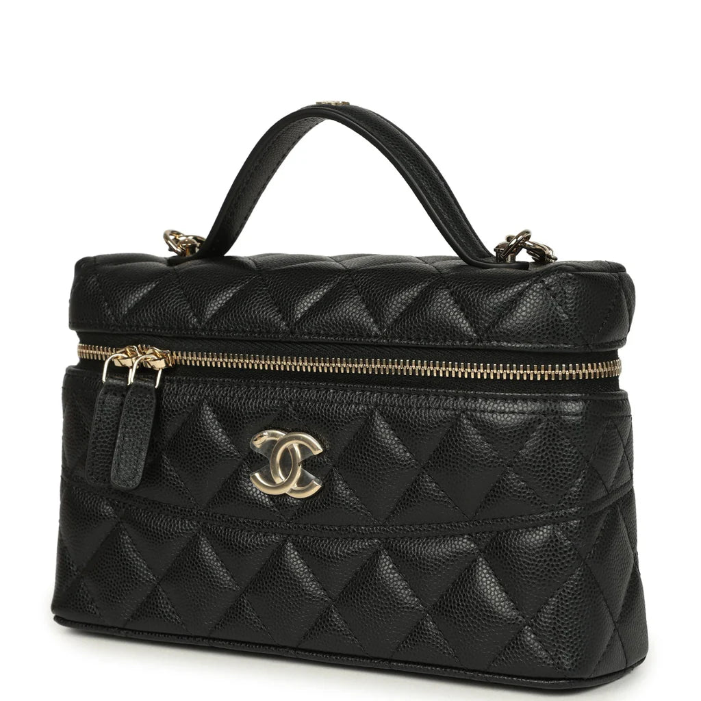 Vanity Case mit Griff oben aus gestepptem schwarzem Lammleder