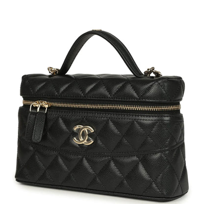 Vanity Case mit Griff oben aus gestepptem schwarzem Lammleder