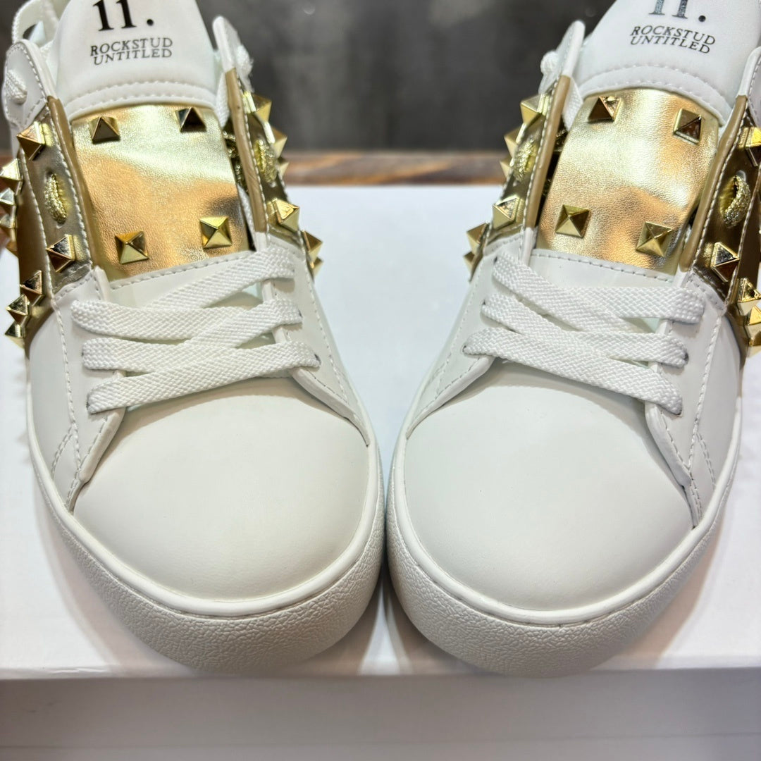 VLTN Rockstud Open Sneaker in White/Gold Leather