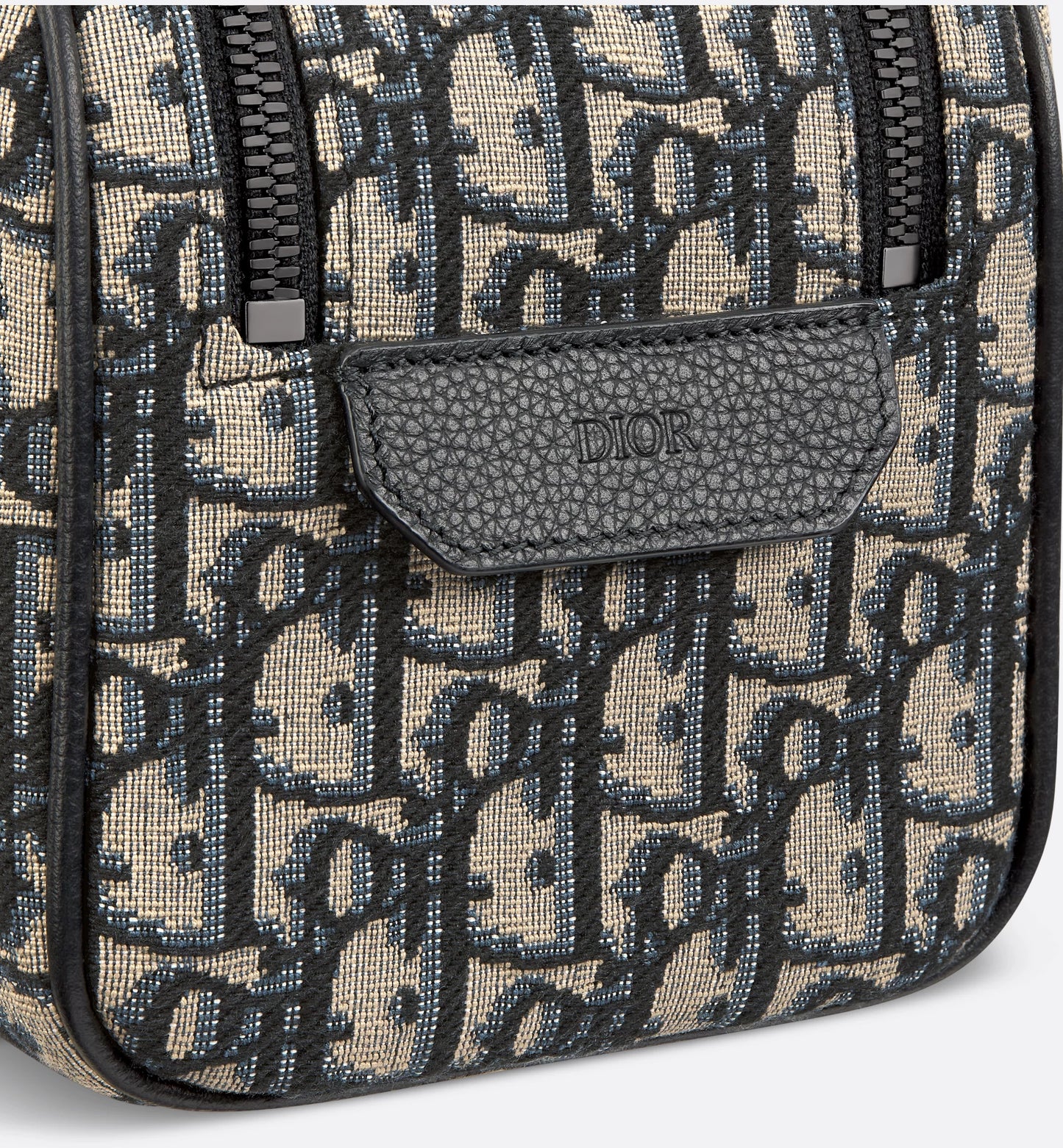 Borsa da toilette Beige e nero Jacquard Oblique con pelle di vitello martellata nera