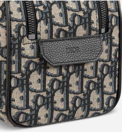 Borsa da toilette Beige e nero Jacquard Oblique con pelle di vitello martellata nera