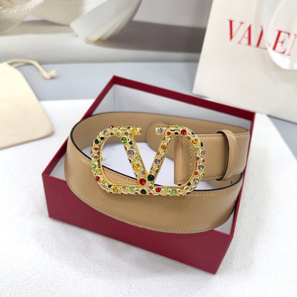 VLogo Signature reversible belt in beige, embellished with multicolored Swarovski crystals