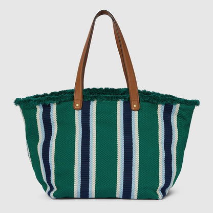 Borsa Shopping in Tessuto Ricamato Verde Misura Media