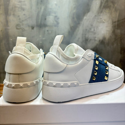VLTN Rockstud Open leather sneakers in white/blue