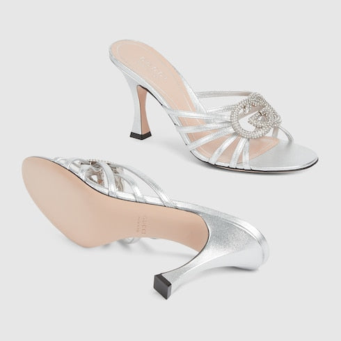 Women's silver leather GG Interlocking crystal slider sandal with heel