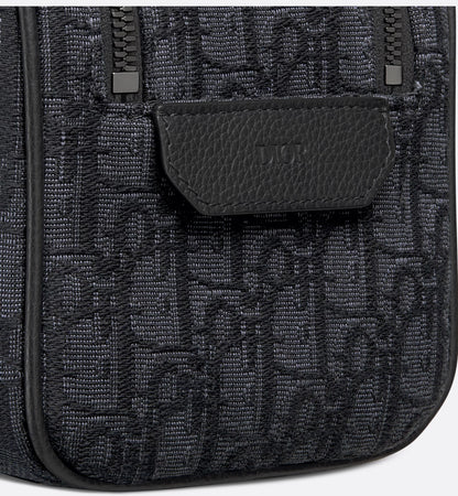 Beige and black Oblique jacquard toiletry bag with black hammered calfskin