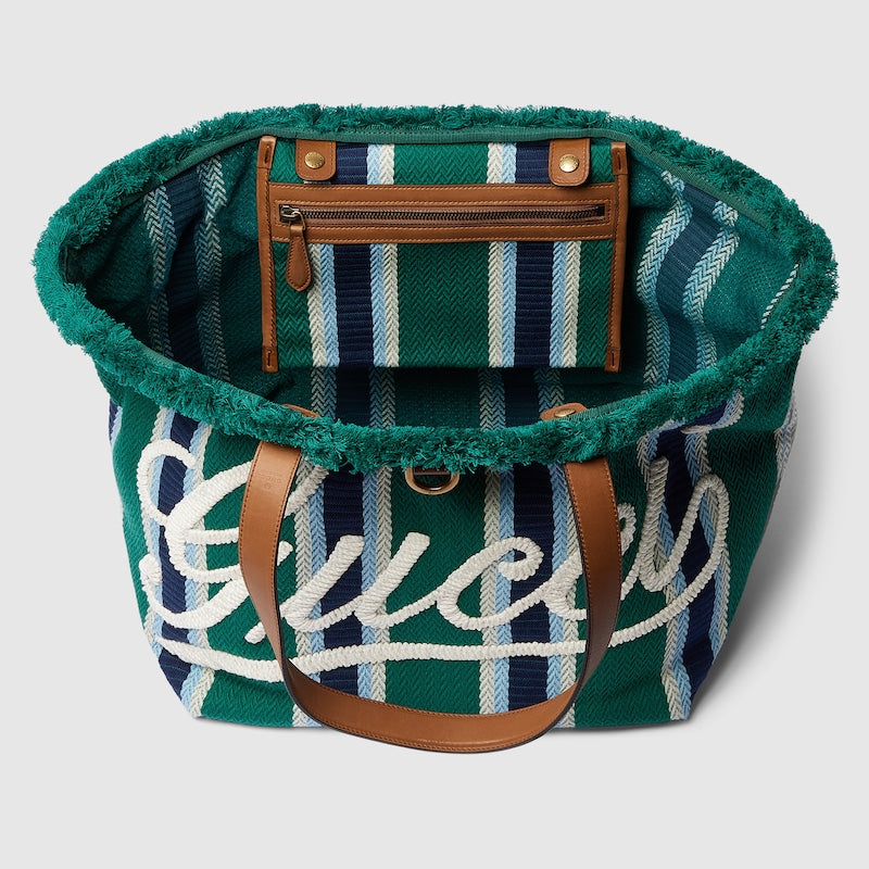 Borsa Shopping in Tessuto Ricamato Verde Misura Media