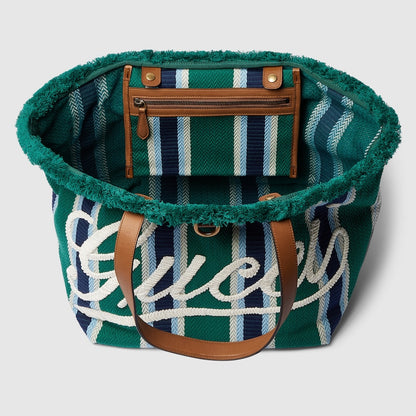 Borsa Shopping in Tessuto Ricamato Verde Misura Media