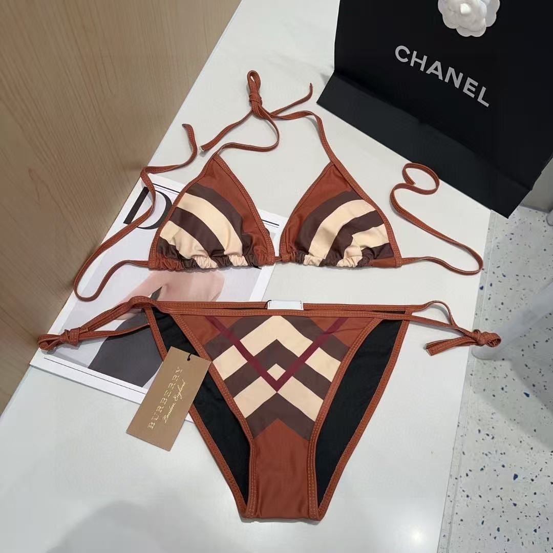 Bikini a Pannelli Check Marrone e Crema