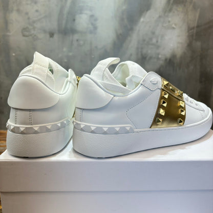 VLTN Rockstud Open Sneaker in White/Gold Leather