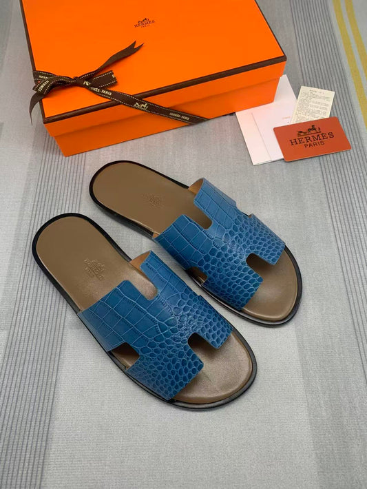 Men's Izmir Sandals in blue crocodile-print leather
