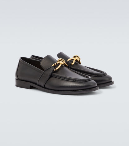 Astaire Knot Loafers in black leather with gold buckle