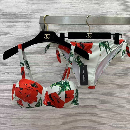Bikini con Stampa Floreale Papaveri Rossi