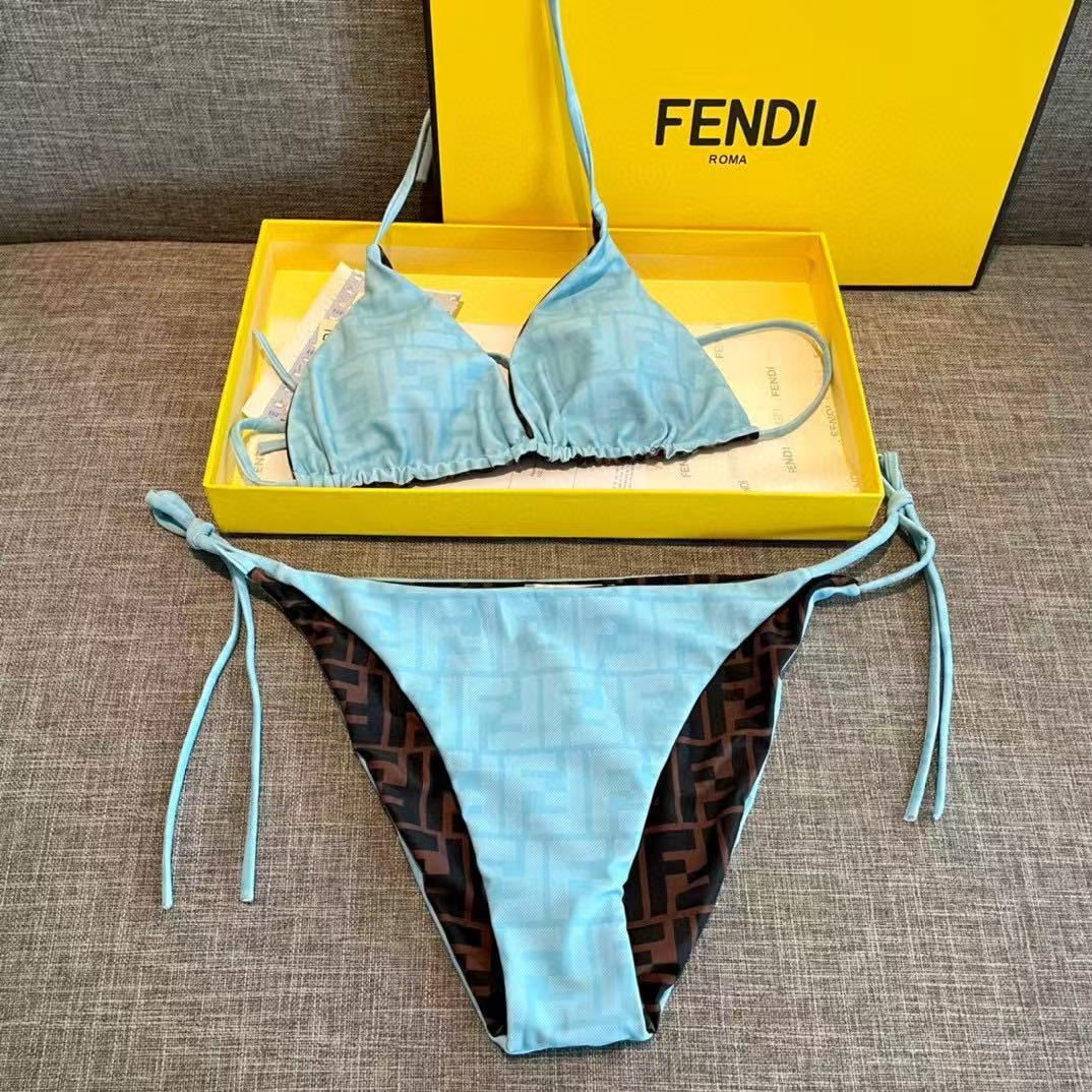 Bikini a Triangolo con Motivo Logo FF Azzurro