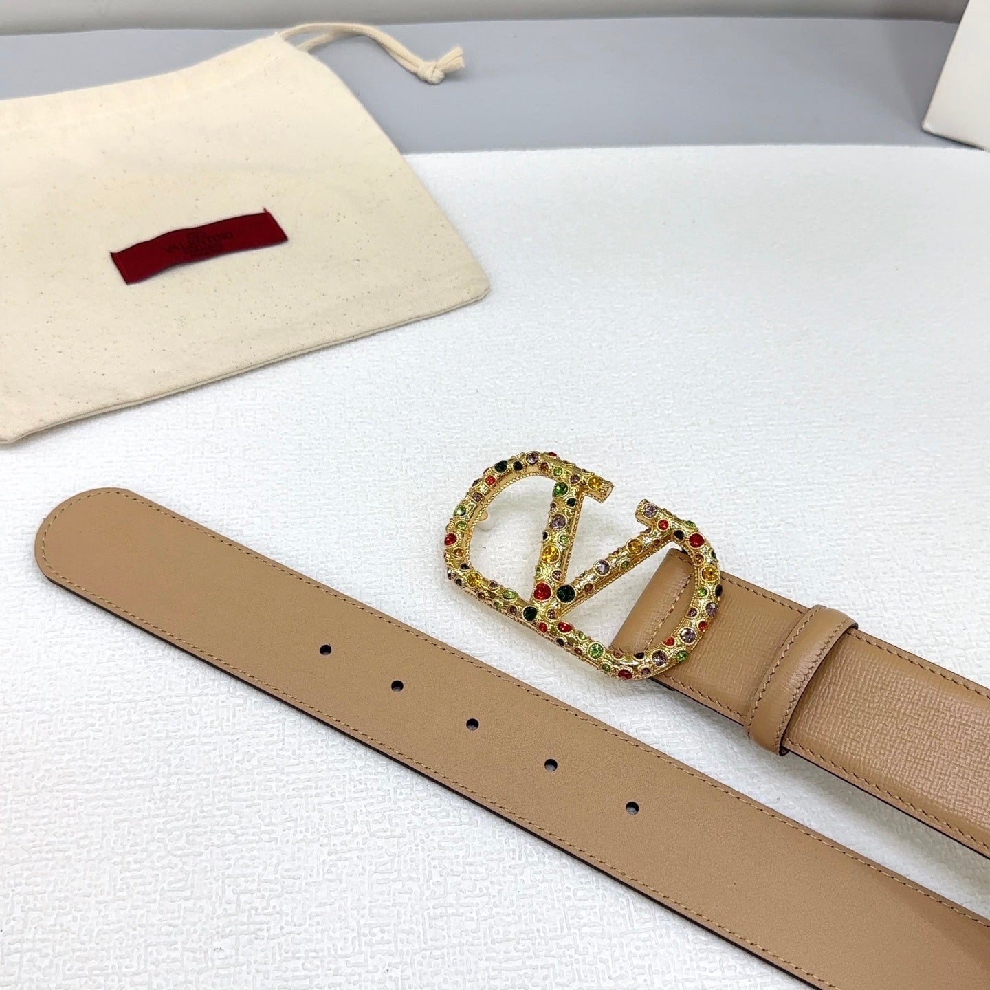 VLogo Signature reversible belt in beige, embellished with multicolored Swarovski crystals