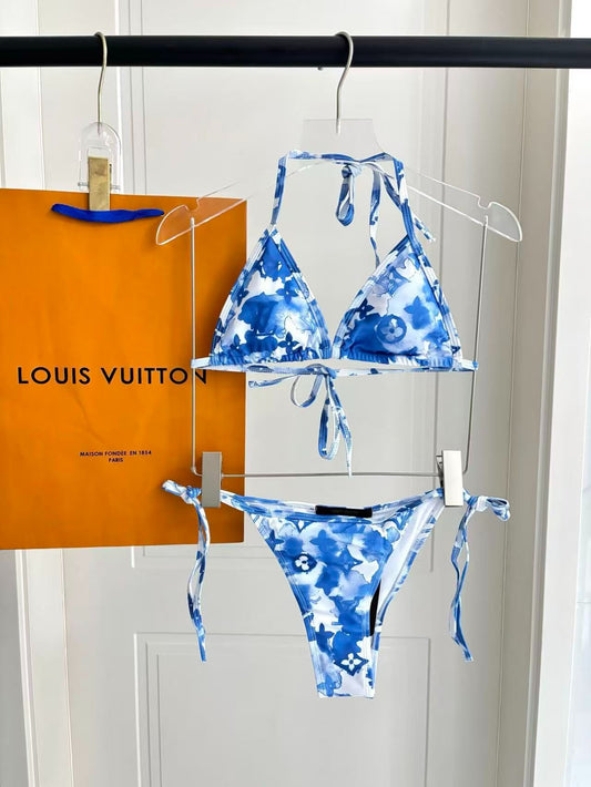 Bikini Watercolor Monogram Floral Blu/Bianco
