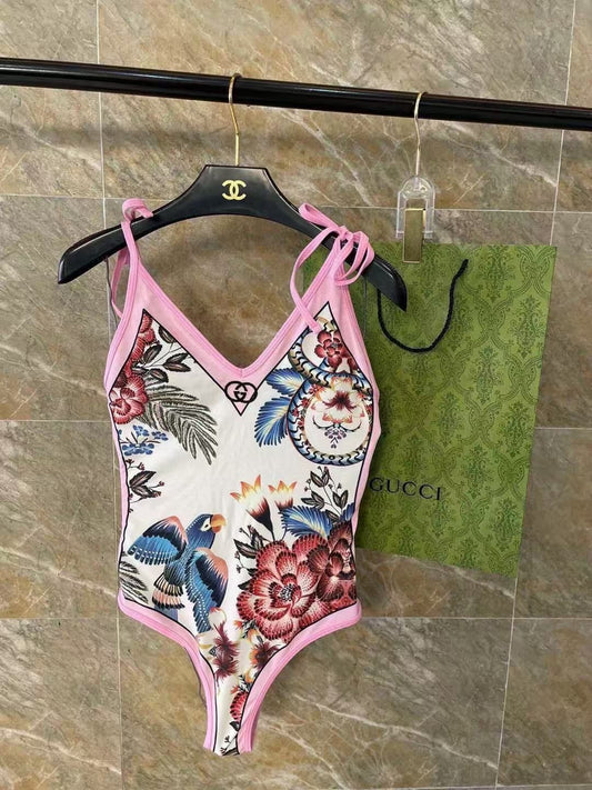 Costume Intero Stampa Floreale Uccello Bianco/Rosa
