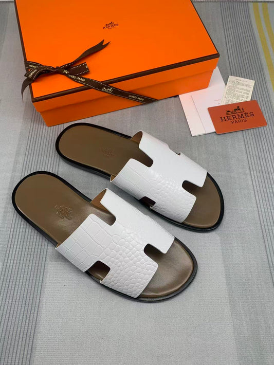 Men's Izmir sandals in white crocodile-print leather