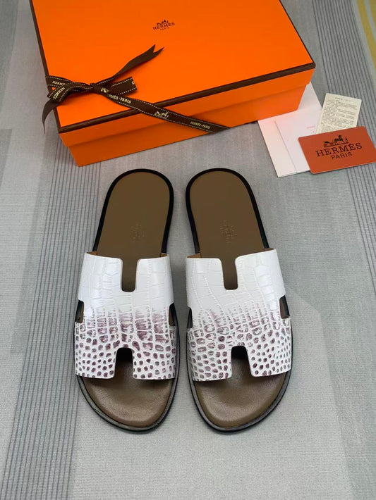 Men's Izmir sandals in white-brown faded crocodile-print leather