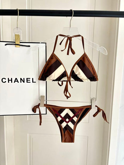 Bikini a Pannelli Check Marrone e Crema