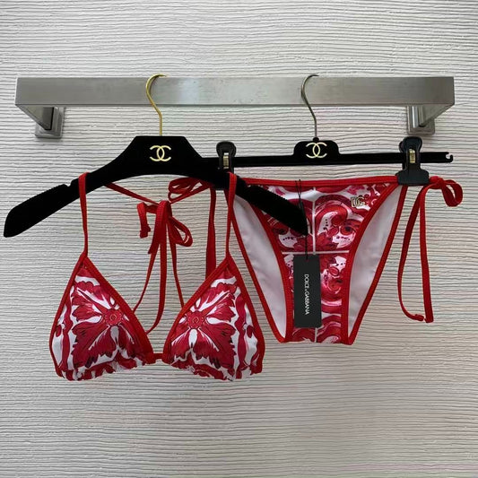 Bikini a Triangolo con Stampa Botanica Rossa