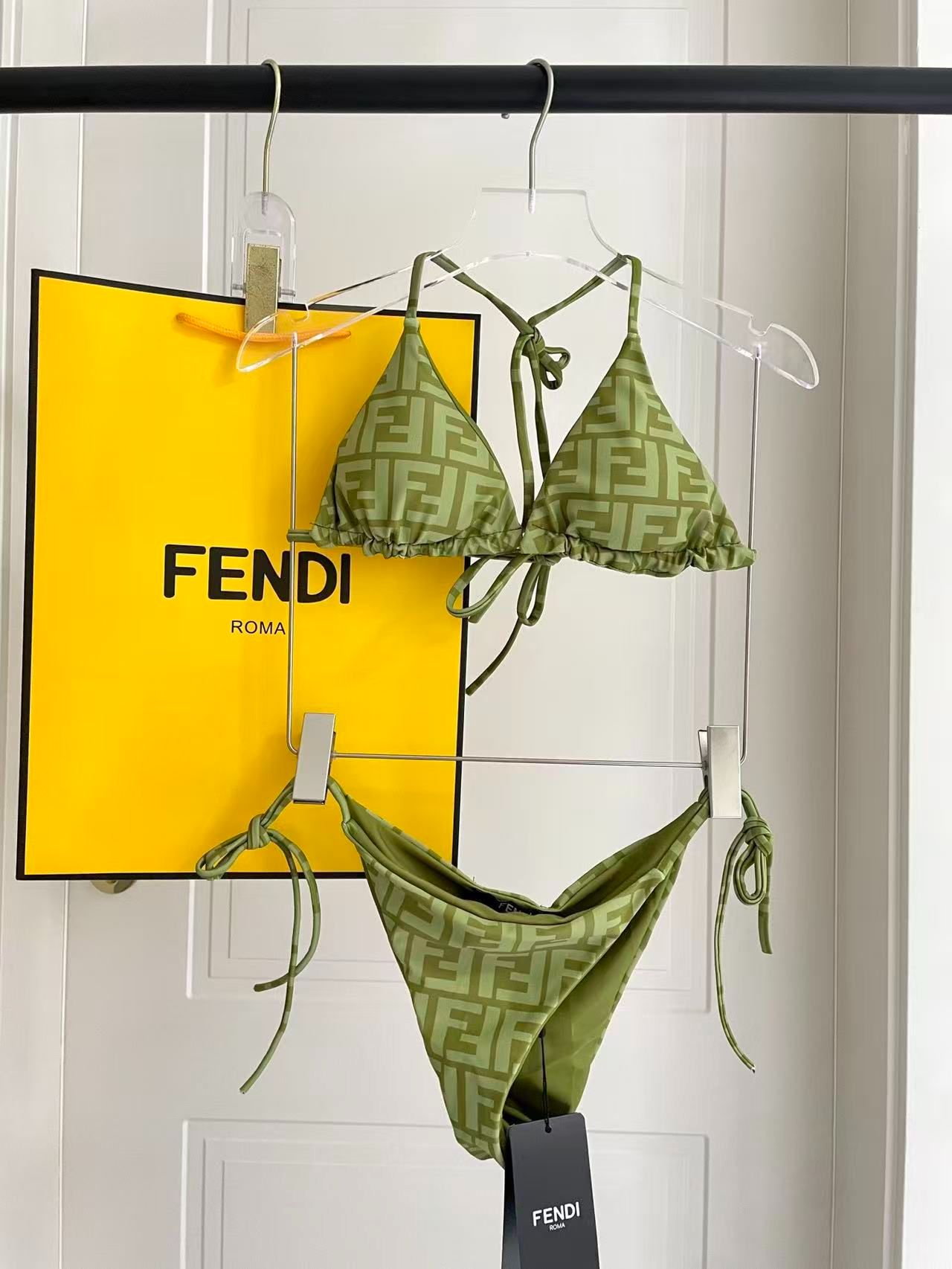 Bikini a Triangolo con Motivo Logo FF Verde Oliva