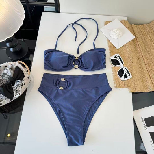 Bikini Set Triomphe Vita Alta Blu Navy con Dettagli Oro