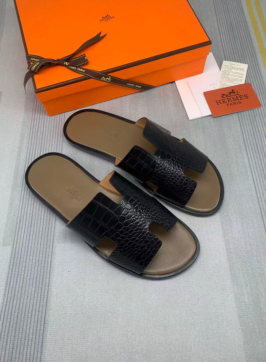 Men's Izmir Sandals in brown crocodile-print leather