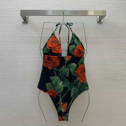 Costume Intero con Stampa Rose Giardino Scuro
