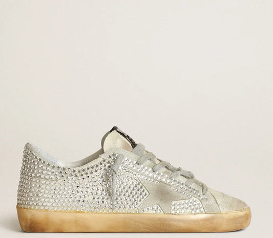 Nabuk bianco vissuto e cristalli Swarovski