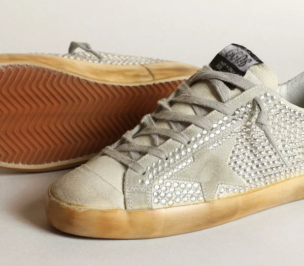 Nabuk bianco vissuto e cristalli Swarovski