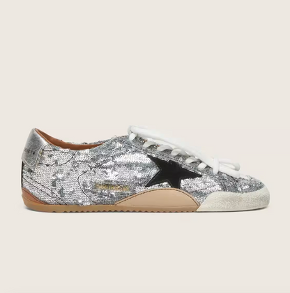 True in paillettes argento con stella color nero e talloncino in pelle argento