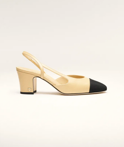Grosgrain slingback sandals in beige and black