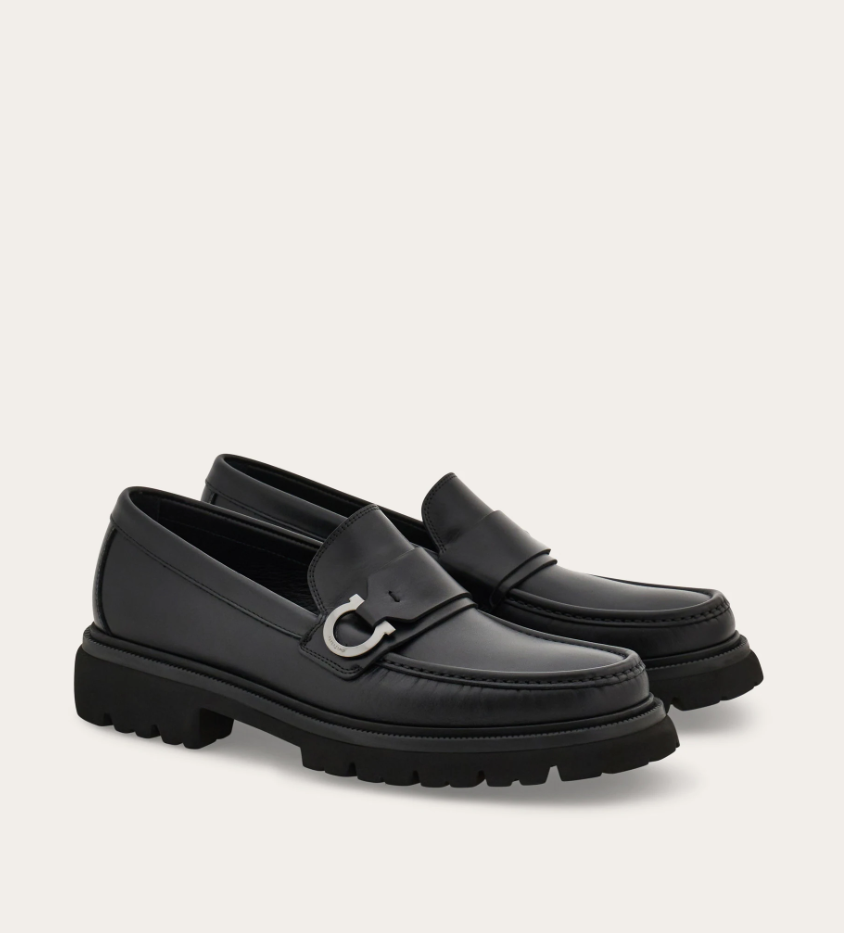 Black calfskin loafer with Gancini ornament