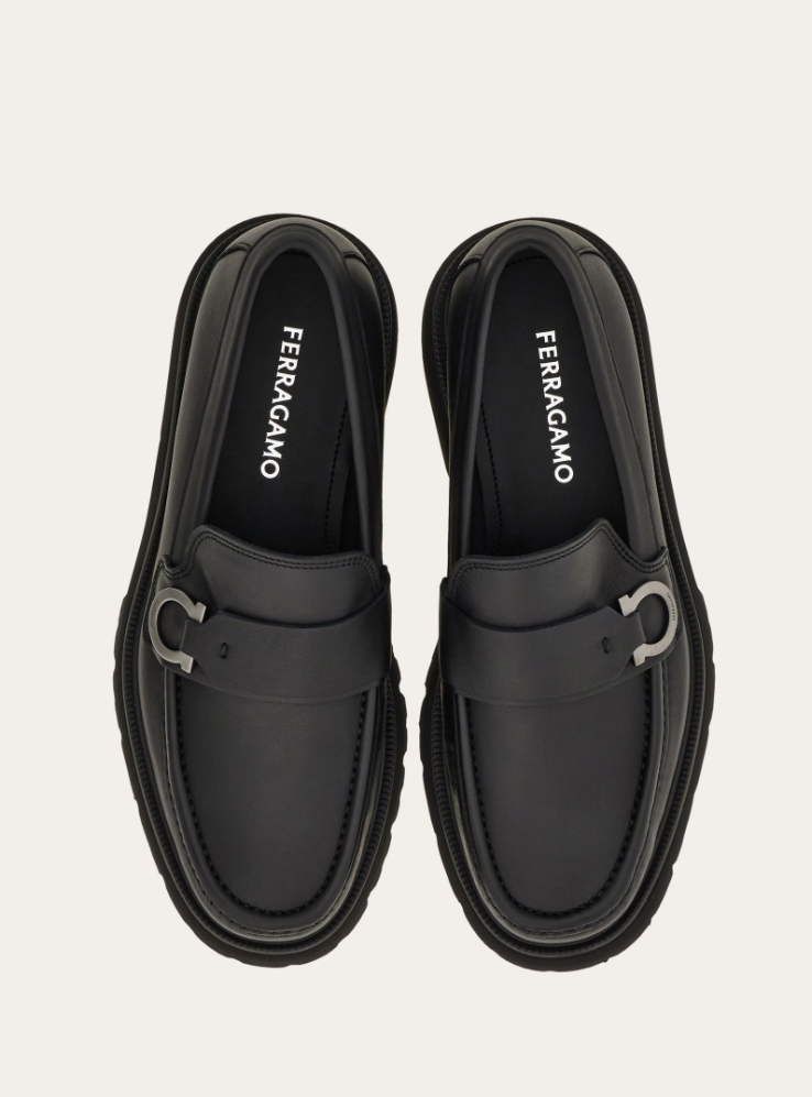 Black calfskin loafer with Gancini ornament