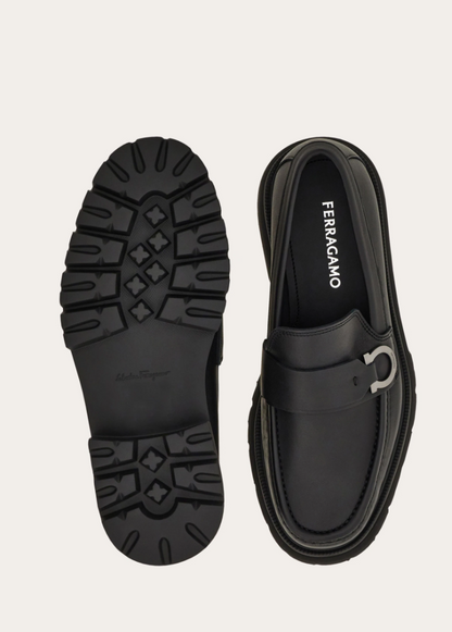 Black calfskin loafer with Gancini ornament