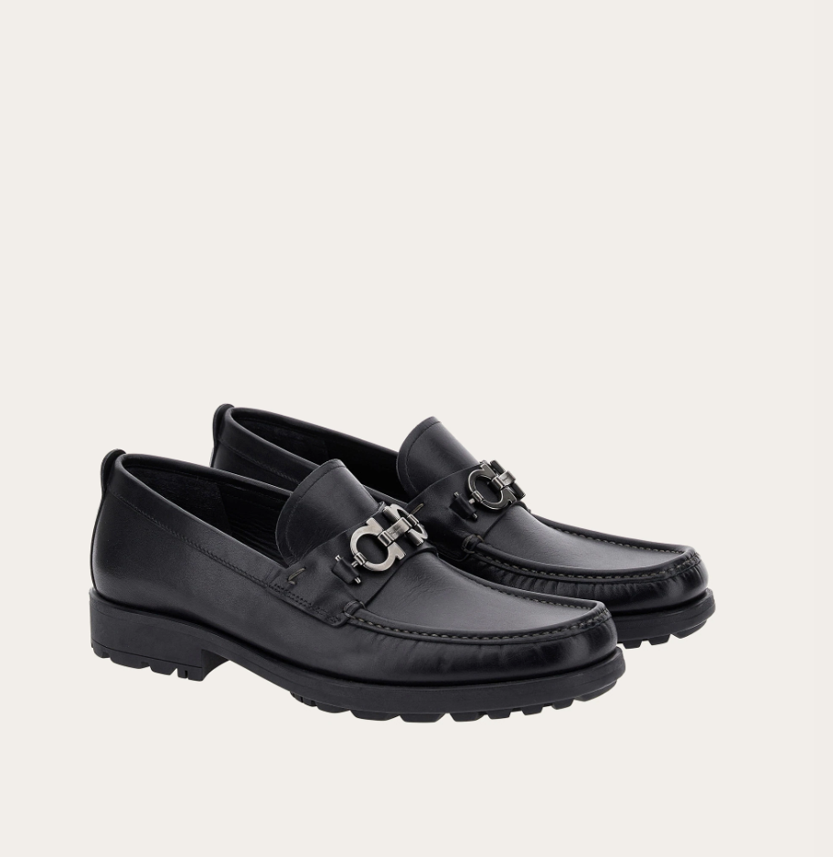 Black calfskin loafer with Gancini ornament and silver buckle