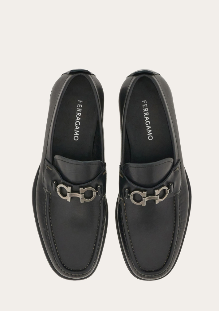 Black calfskin loafer with Gancini ornament and silver buckle