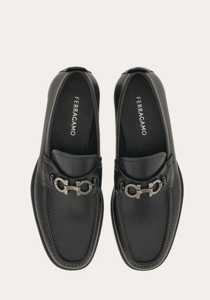 Black calfskin loafer with Gancini ornament and silver buckle