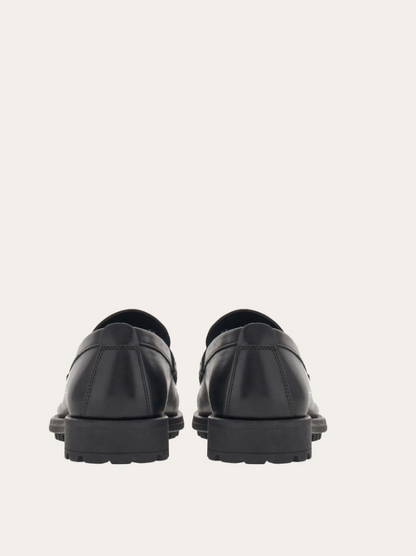 Black calfskin loafer with Gancini ornament and silver buckle