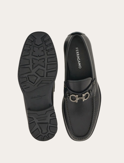 Black calfskin loafer with Gancini ornament and silver buckle