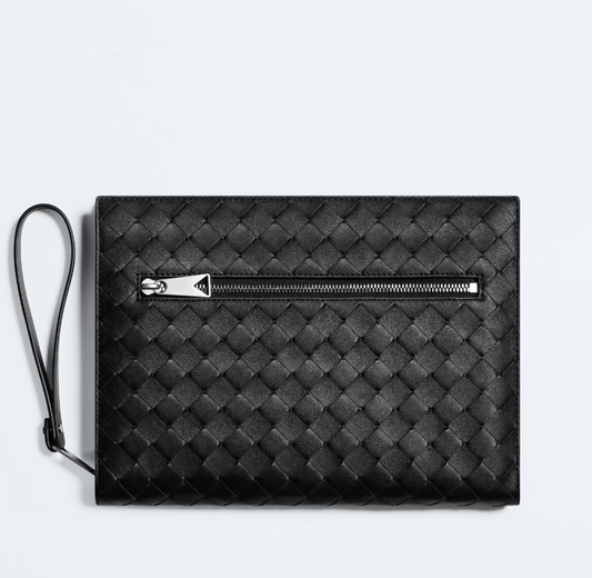Small woven document holder with black strap