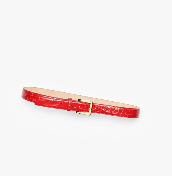 Cintura in pelle di vitello goffrata coccodrillo e metallo in Rosso e oro