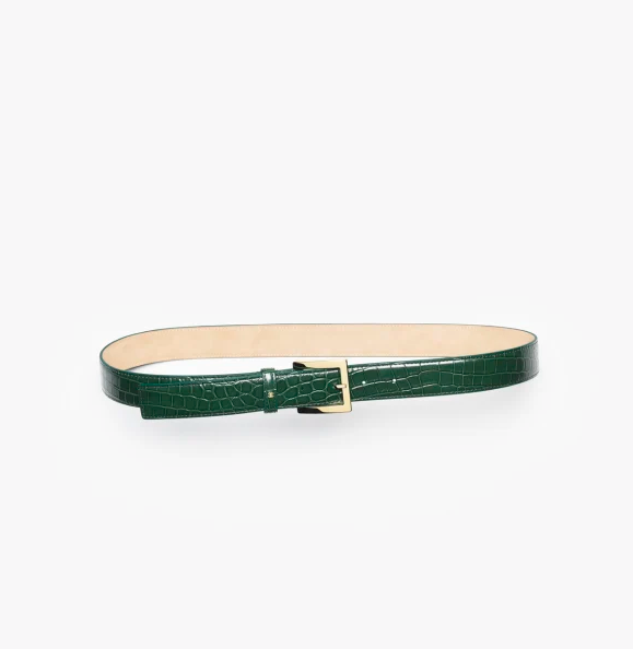 Cintura in pelle di vitello goffrata coccodrillo e metallo in verde e oro