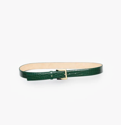 Cintura in pelle di vitello goffrata coccodrillo e metallo in verde e oro